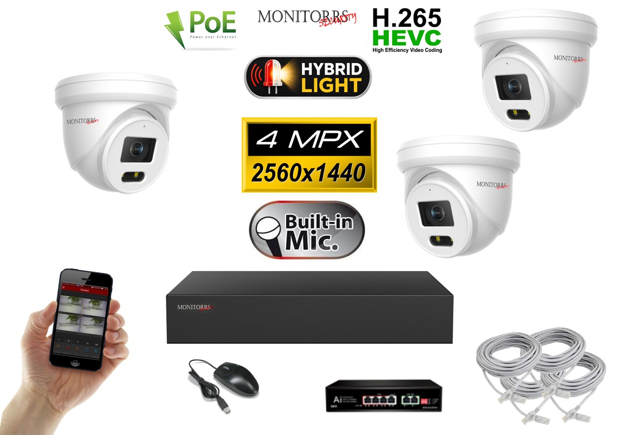 Obsah kamerového setu Monitorrs Security 6032K3B s 3 kamerami 4 Mpx, NVR rekordérem a PoE switchem.