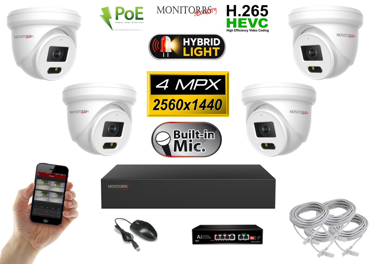 Obsah kamerového setu Monitorrs Security 6032K4B s 4 kamerami 4 Mpx, NVR rekordérem a PoE switchem.