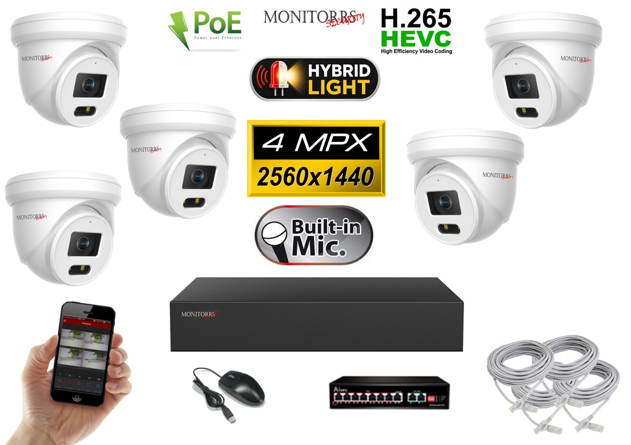 Obsah kamerového setu Monitorrs Security 6032K5B s 5 kamerami 4 Mpx, NVR rekordérem a PoE switchem.