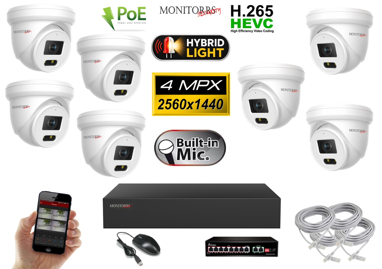 Obsah kamerového setu Monitorrs Security 6032K7B s 7 kamerami 4 Mpx, NVR rekordérem a PoE switchem.