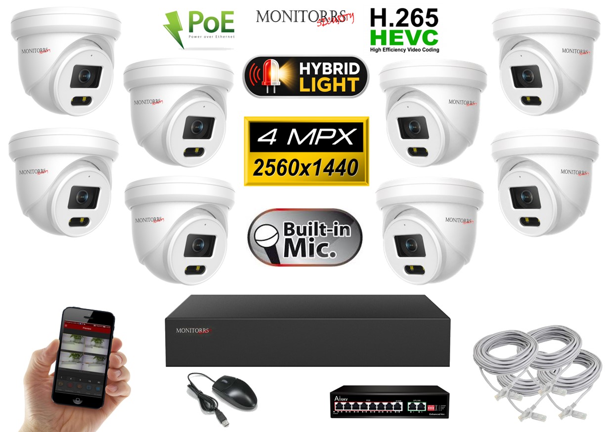 Obsah kamerového setu Monitorrs Security 6032K8B s 8 kamerami 4 Mpx, NVR rekordérem a PoE switchem.