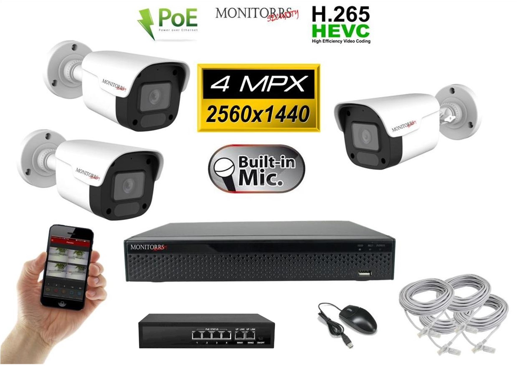 MS IP 3 kamerový set se switchem 4 Mpix WTube Plast (6024K3B)