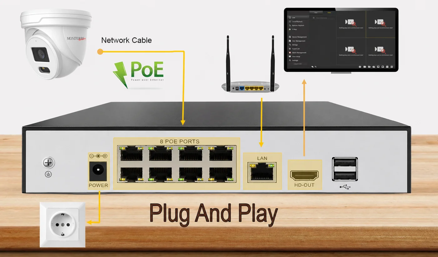 Zapojení IP kamer do NVR rekordéru s 8 PoE porty